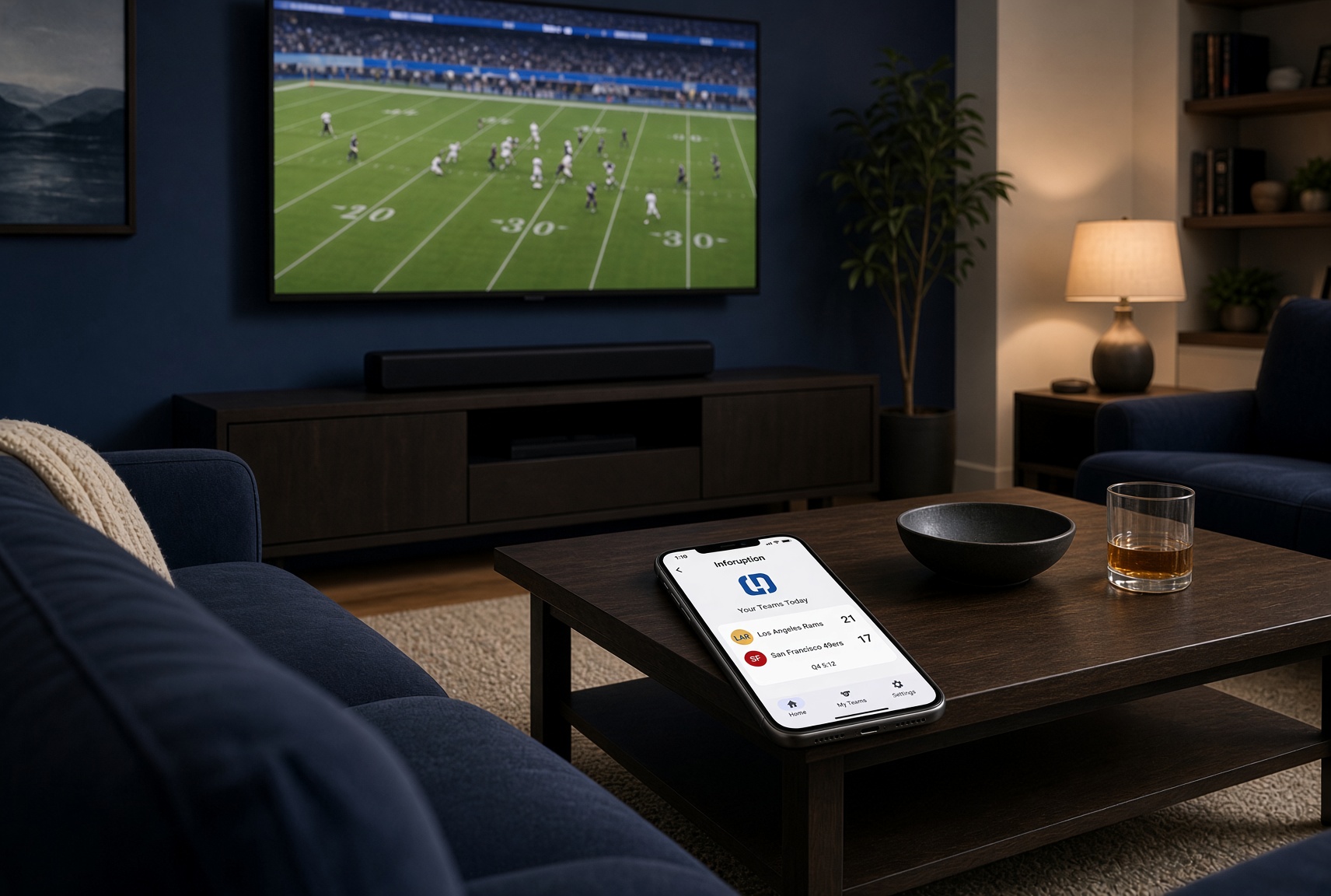 Living room soundbar and phone with a live football score