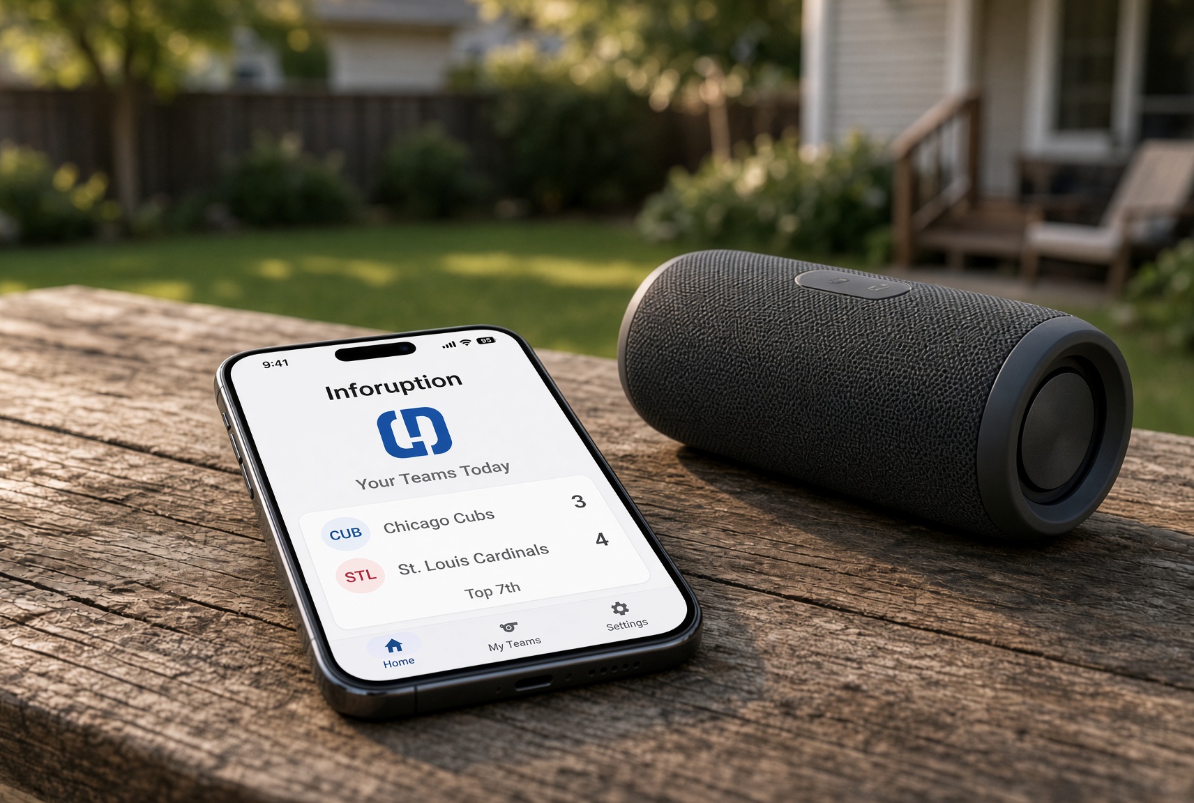 Phone and Bluetooth speaker calling a baseball score in a backyard
